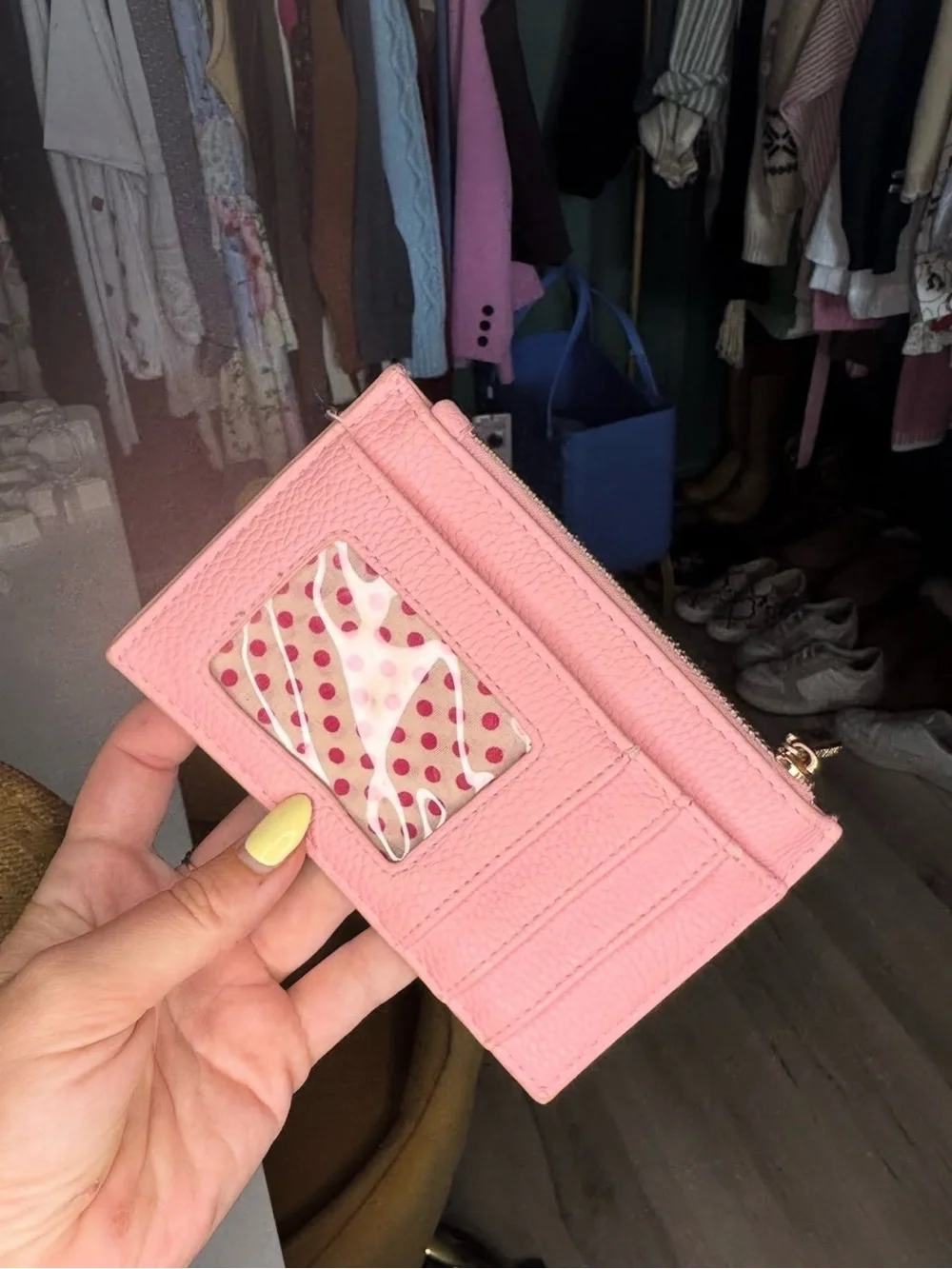 Pink Woven Leather Zip Card Case Wallet - Women